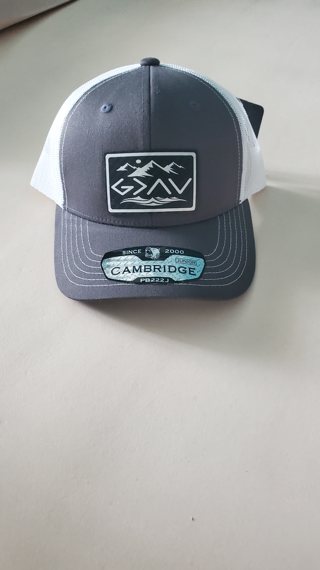 Custom Order — Charcoal/white trucker · custom leather patch logo
