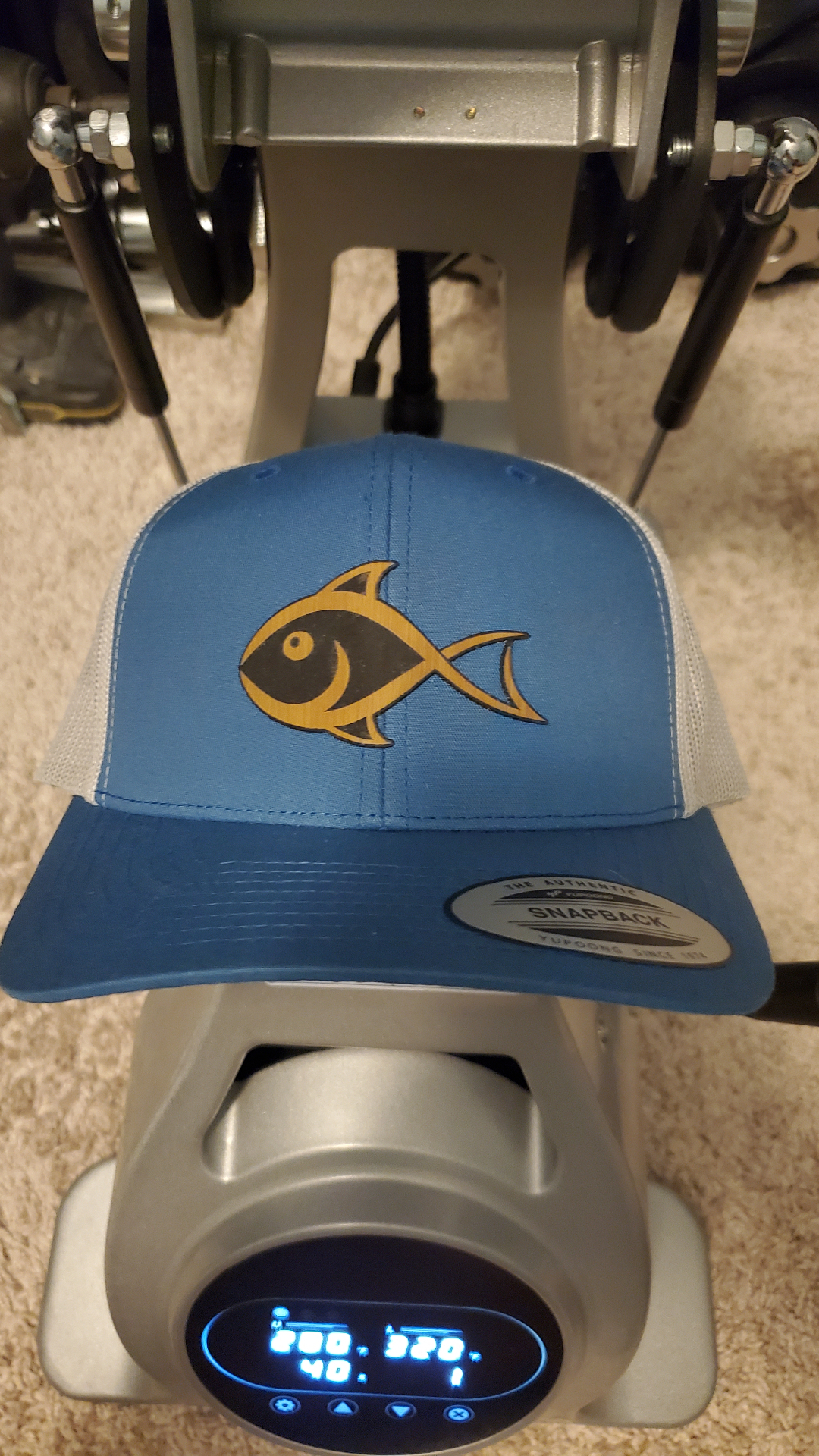 Custom Order — Blue/grey snapback · two-tone leather patch logo