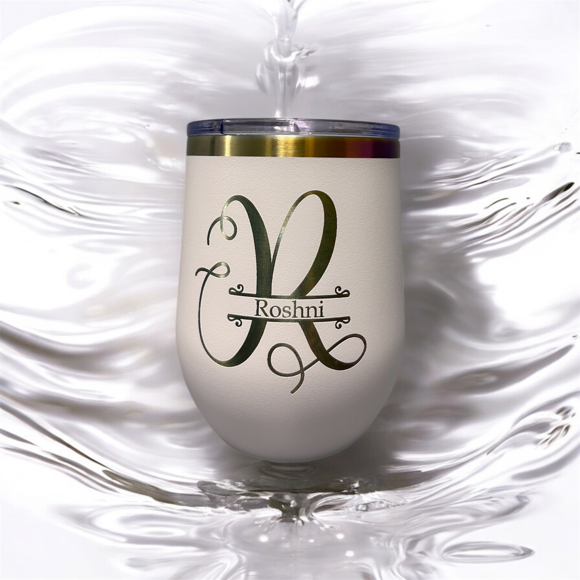 Personalized Gift — 12oz stemless wine tumbler · split monogram, gold ring lid