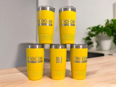 Procom — 20oz powder coated tumblers · laser engraved logo