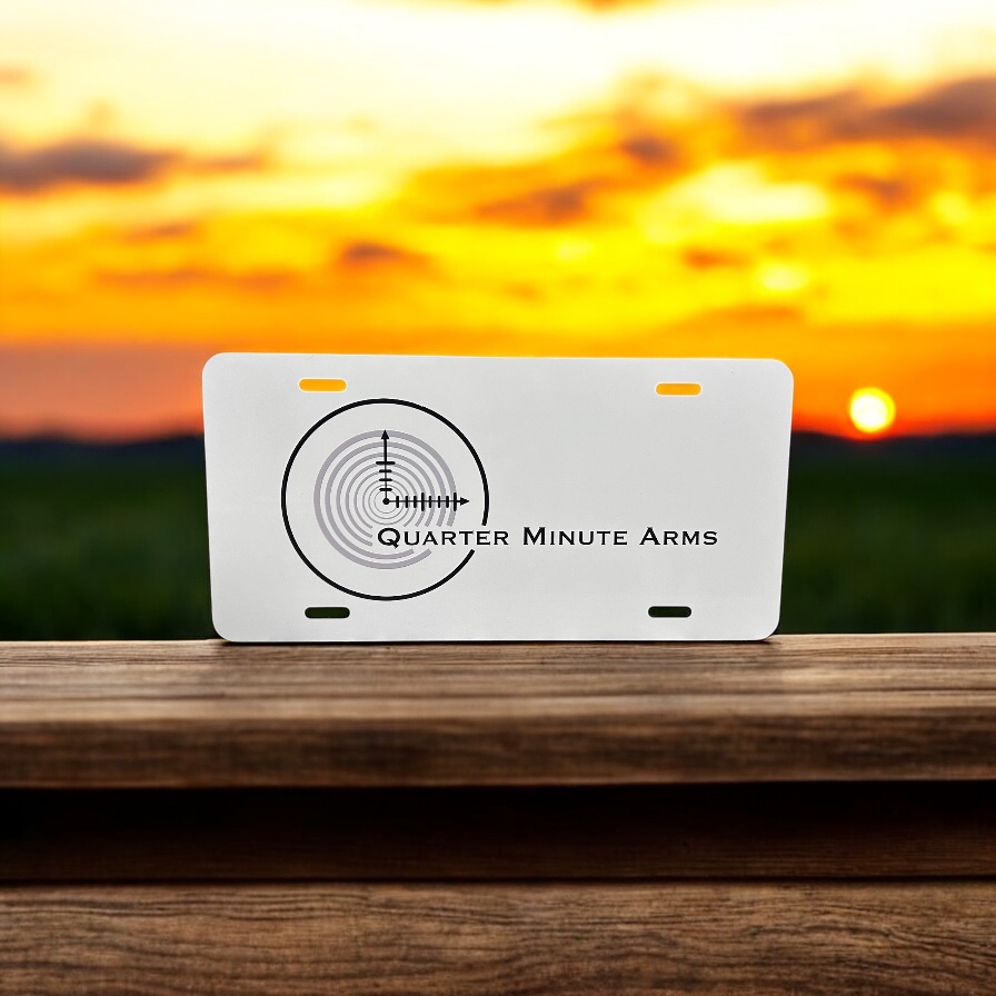Quarter Minute Arms — Aluminum vanity plate · full-color printed logo