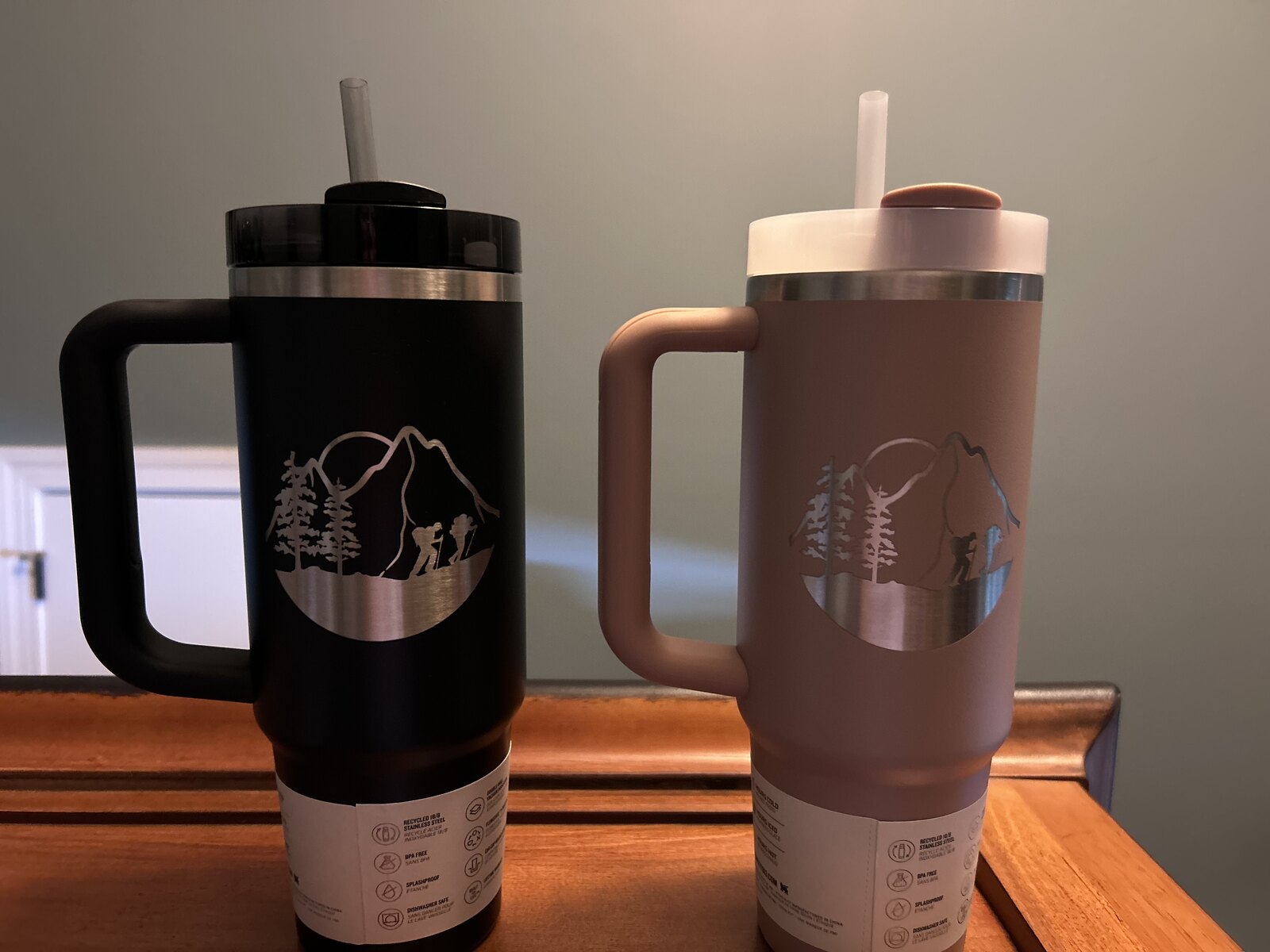 Custom Order — 40oz handled tumblers · engraved mountain scene