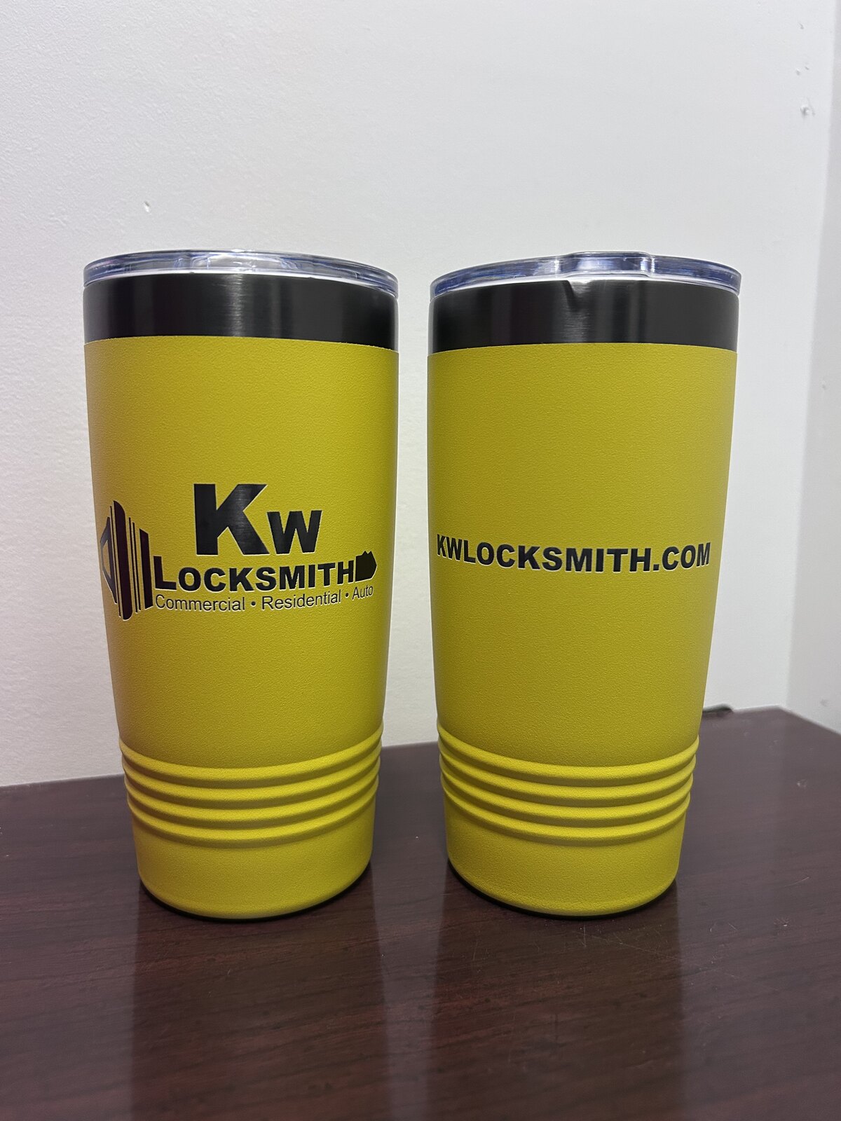 KW Locksmith — 20oz yellow tumblers · logo front, web address back