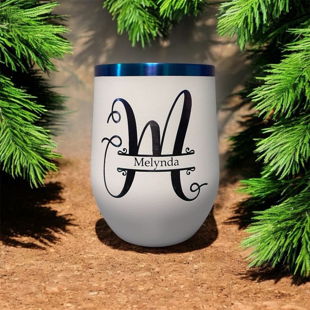 Personalized Gift — 12oz stemless wine tumbler · split monogram
