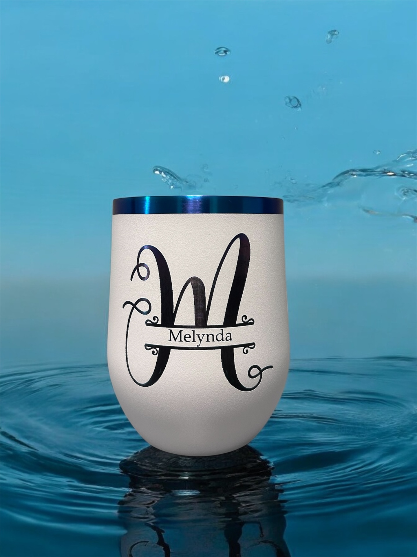 Personalized Gift — 12oz stemless wine tumbler · split monogram, blue ring lid