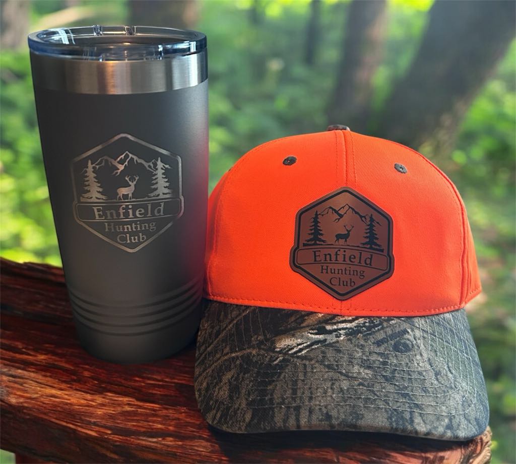 Enfield Hunting Club — Camo trucker with leather patch and matching 20oz tumbler