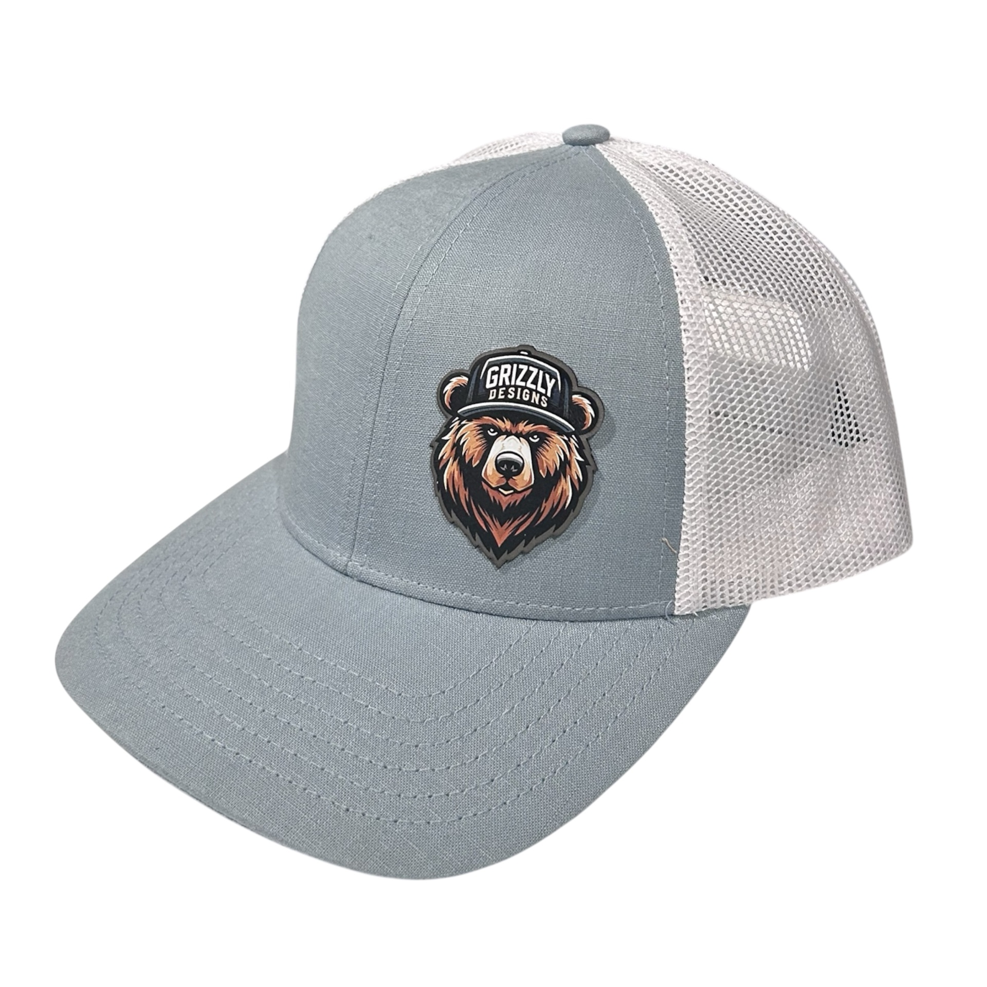 Grizzly Designs — Grey and white trucker · full-color PVC patch