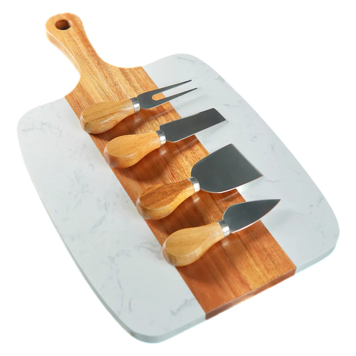 Marble and Acacia Serving Board Set with Tools - Grizzly Designs